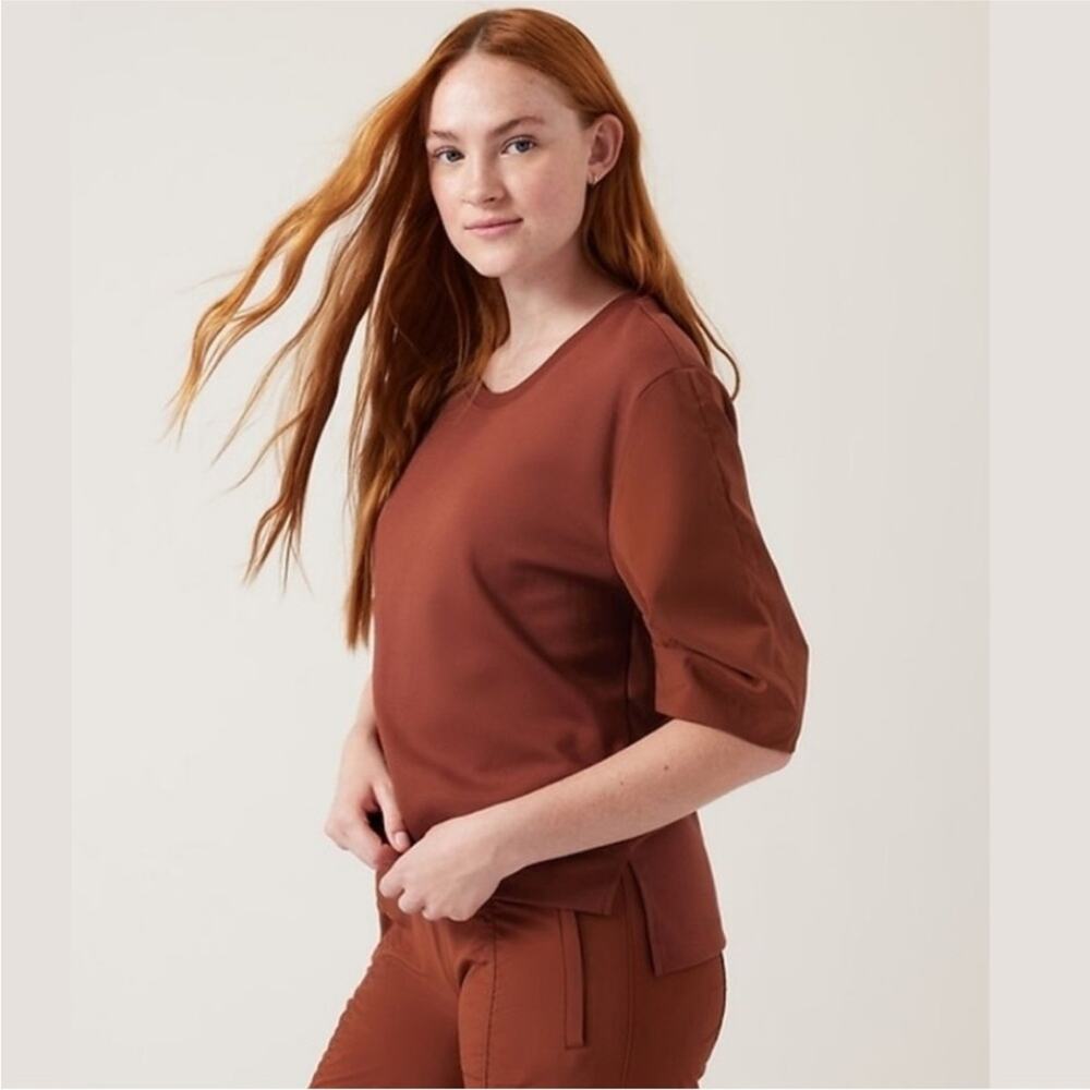 NWOT Athleta Harlow Puff Sleeve Hybrid Tee S Rust Brown - Picture 4 of 10